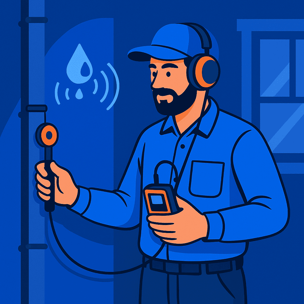 Acoustic leak detection specialist listening for a leak with a ground microphone