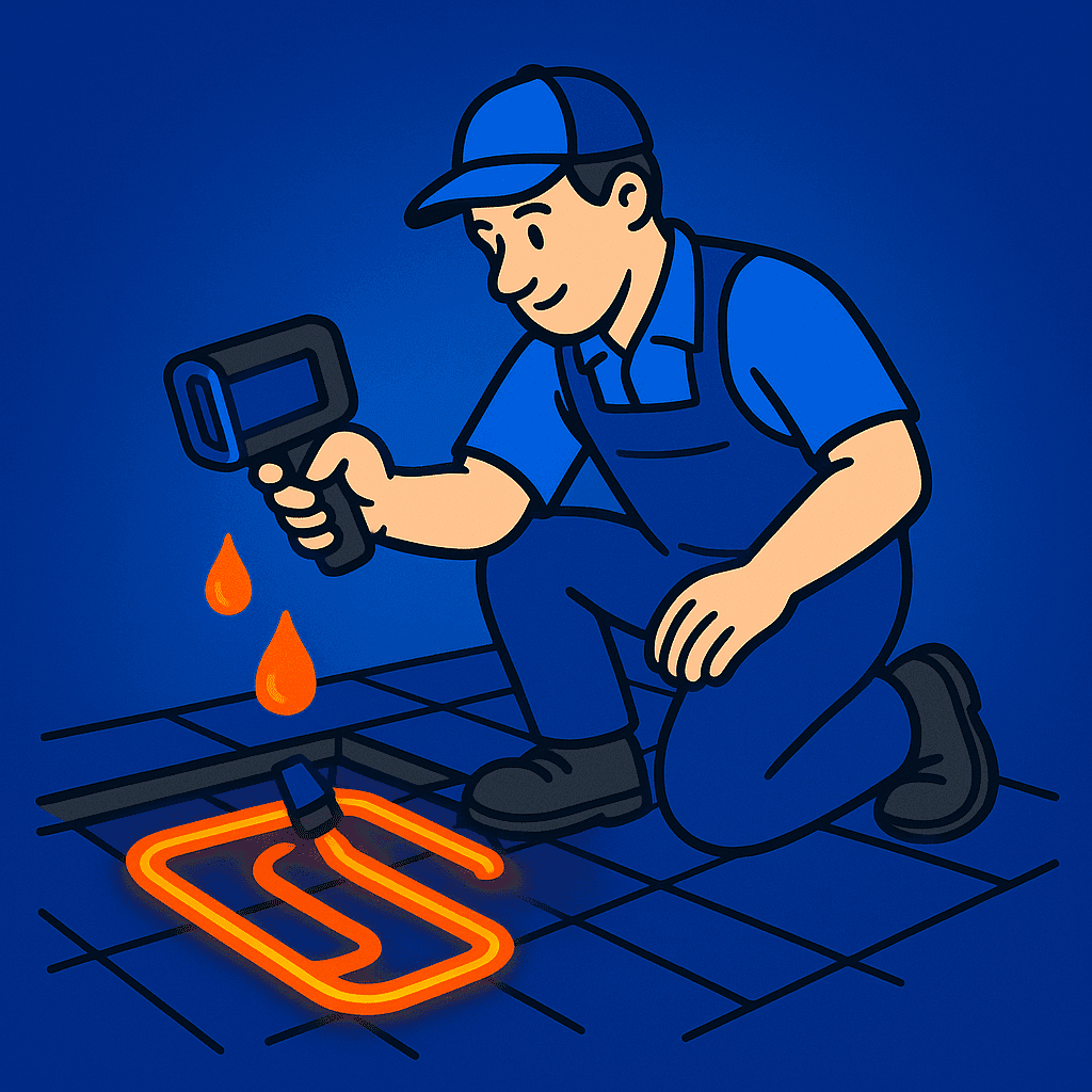 Underfloor heating leak detection services Cornwall showing thermal imaging and acoustic equipment