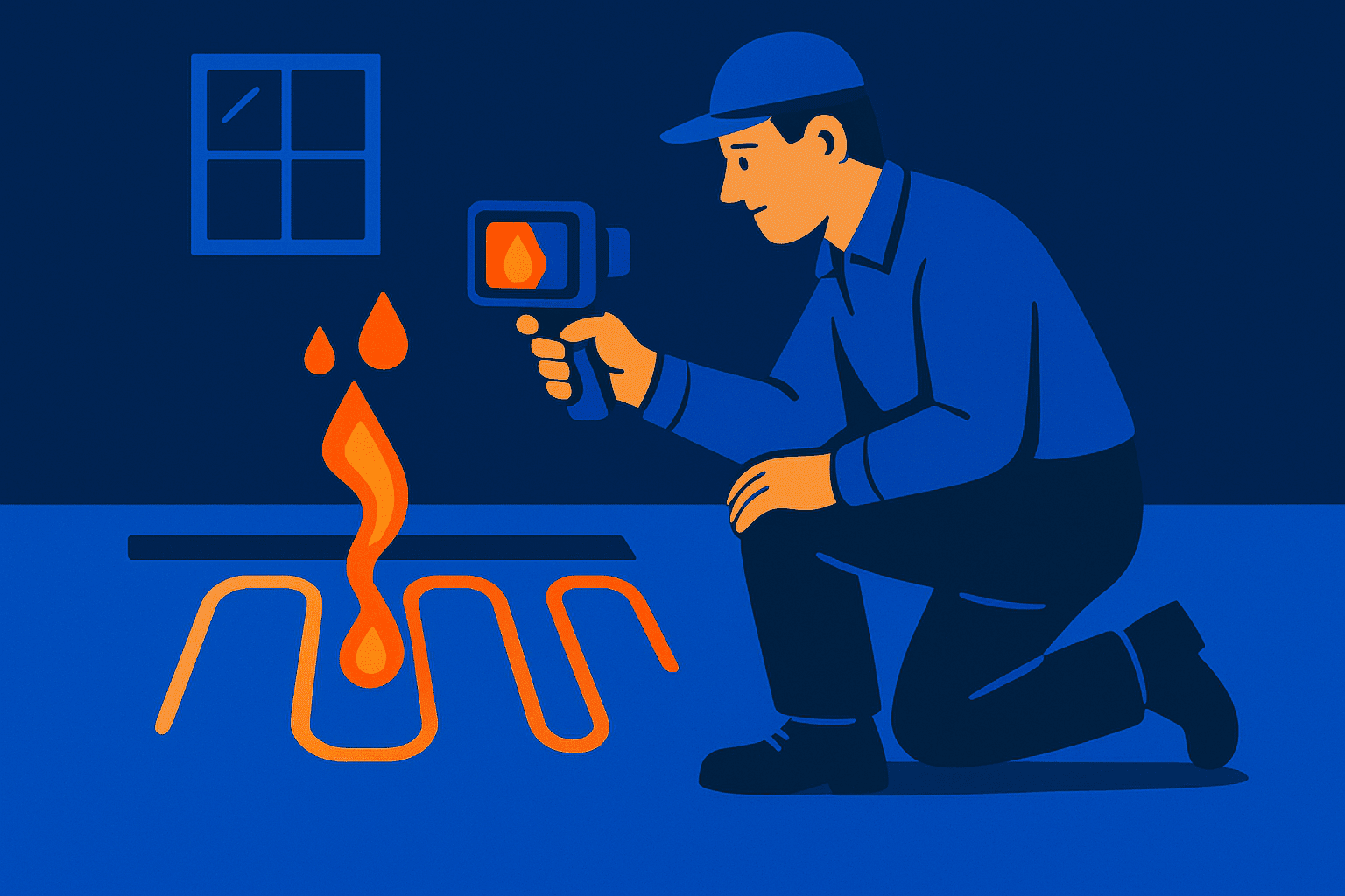 Underfloor heating leak repair showing exposed pipes and professional detection equipment