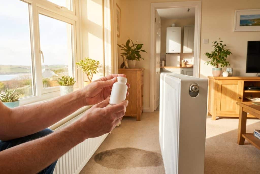 Homeowner holding a bottle of leak sealer beside a radiator with a damp patch on the carpet