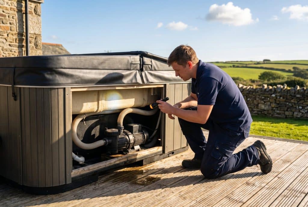 Leak detection engineer inspecting the pump and pipework inside a hot tub cabinet