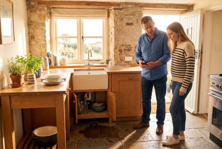Landlord and tenant looking at a leak under the kitchen sink of a rented house