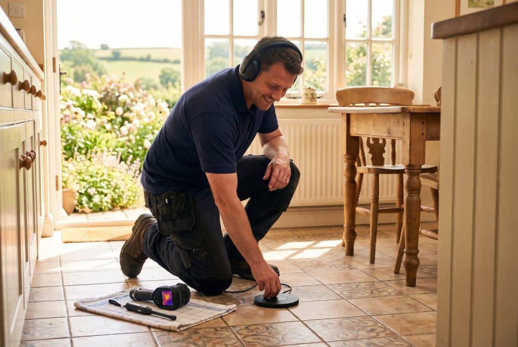 Leak detection engineer using a ground microphone with a thermal camera and tracer gas detector beside him