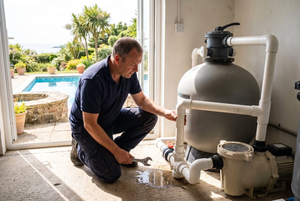 Leak detection engineer checking a swimming pool plant room pump and filter for leaks