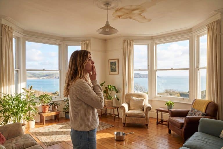 Woman looking up at a water stain on her flat ceiling caused by a leak from the flat above